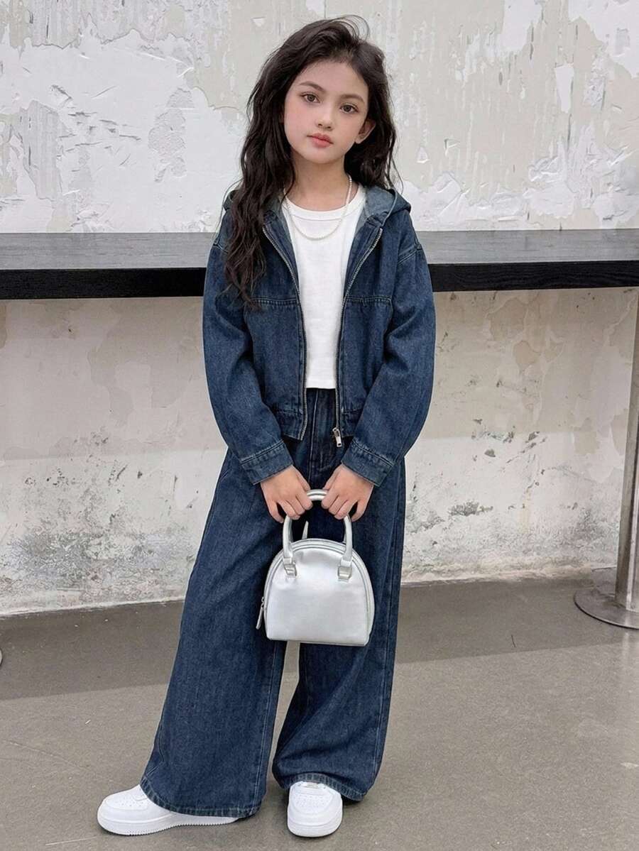 Dazy Kids Tween Girl Zip-Up Hoodie And Long Pants Casual Daily Denim Set - Dark Wash - View 1