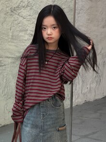 Dazy Kids Tween Girl Striped Casual Daily Long Sleeve T-Shirt - Burgundy - View 6