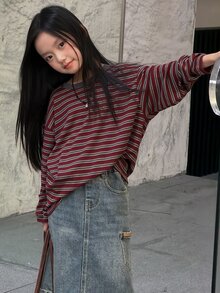 Dazy Kids Tween Girl Striped Casual Daily Long Sleeve T-Shirt - Burgundy - View 1