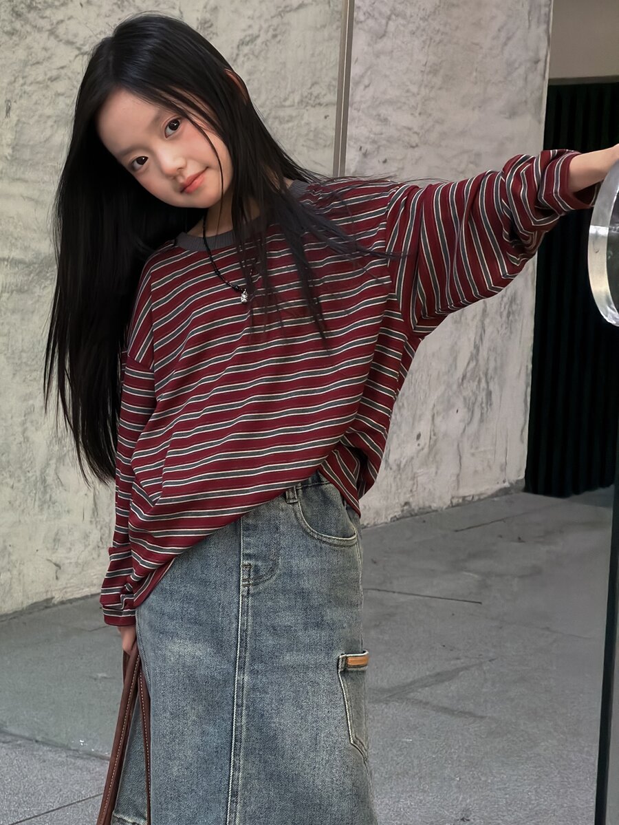 Dazy Kids Tween Girl Striped Casual Daily Long Sleeve T-Shirt - Burgundy - View 1