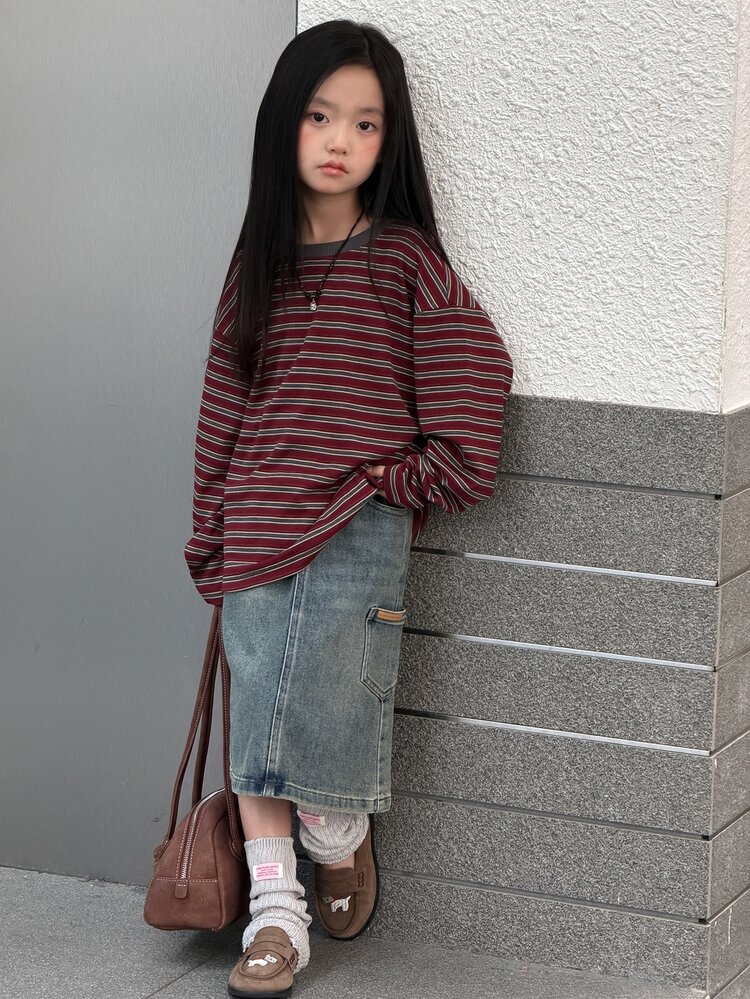 Dazy Kids 青少年女孩條紋休閒日常長袖T恤 - 酒紅色 - 查看 9