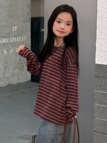 Dazy Kids Tween Girl Striped Casual Daily Long Sleeve T-Shirt - Burgundy - View 4