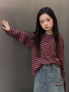 Dazy Kids Tween Girl Striped Casual Daily Long Sleeve T-Shirt - Burgundy - View 7