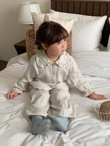DAZY Infant/Toddler (Girl) Korean Style Collared Ruffle Long Sleeve Shirt 2 Pieces Set Loungewear - Apricot - View 3