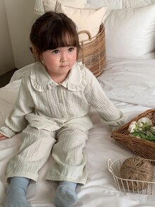 DAZY Infant/Toddler (Girl) Korean Style Collared Ruffle Long Sleeve Shirt 2 Pieces Set Loungewear - Apricot - View 7