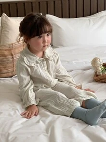 DAZY Infant/Toddler (Girl) Korean Style Collared Ruffle Long Sleeve Shirt 2 Pieces Set Loungewear - Apricot - View 6
