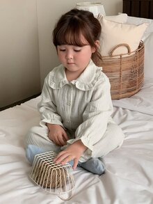 DAZY Infant/Toddler (Girl) Korean Style Collared Ruffle Long Sleeve Shirt 2 Pieces Set Loungewear - Apricot - View 1