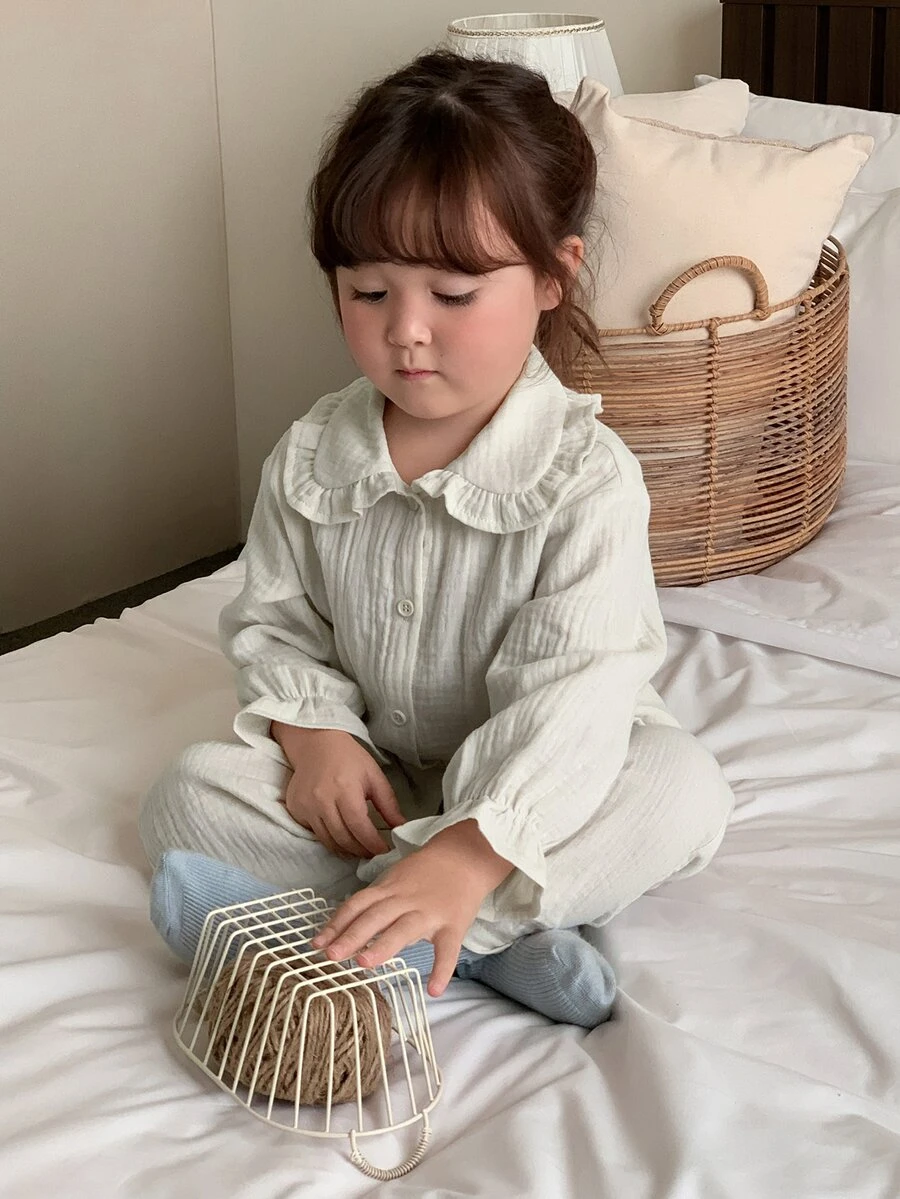 DAZY Infant/Toddler (Girl) Korean Style Collared Ruffle Long Sleeve Shirt 2 Pieces Set Loungewear - Apricot - View 1
