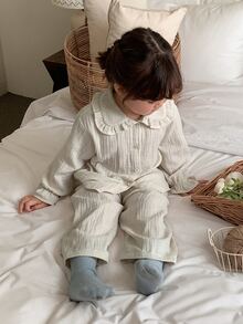 DAZY Infant/Toddler (Girl) Korean Style Collared Ruffle Long Sleeve Shirt 2 Pieces Set Loungewear - Apricot - View 4