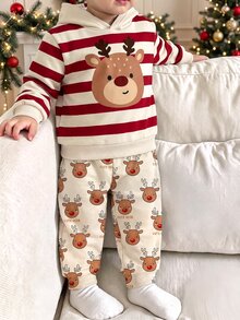 Young Boys Casual Minimalist Loose Fit Long Sleeve Hooded Sweatshirt 2 Pieces Set, Suitable For Autumn/Winter, Classic Christmas Stripe Pattern Print, Classic Christmas Cartoon Reindeer Pattern Print, Suitable For Christmas - Multicolor - View 2