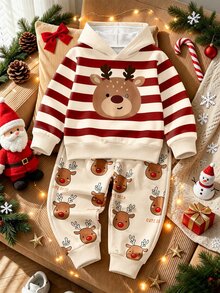 Young Boys Casual Minimalist Loose Fit Long Sleeve Hooded Sweatshirt 2 Pieces Set, Suitable For Autumn/Winter, Classic Christmas Stripe Pattern Print, Classic Christmas Cartoon Reindeer Pattern Print, Suitable For Christmas - Multicolor - View 3