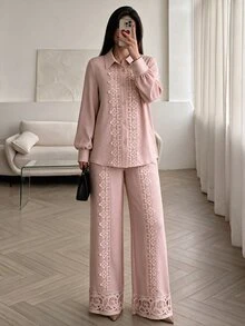 Graceveil Light Pink Collared Long Sleeve Shirt And Wide Leg Pants 2 Pieces Set, Floral Water-Soluble Lace Patchwork Elegant Women's Outfit - Pink - View 7