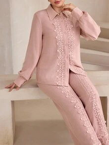 Graceveil Light Pink Collared Long Sleeve Shirt And Wide Leg Pants 2 Pieces Set, Floral Water-Soluble Lace Patchwork Elegant Women's Outfit - Pink - View 13