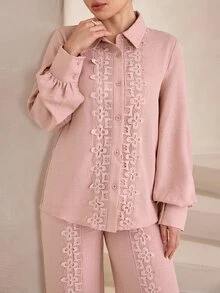 Graceveil Light Pink Collared Long Sleeve Shirt And Wide Leg Pants 2 Pieces Set, Floral Water-Soluble Lace Patchwork Elegant Women's Outfit - Pink - View 12