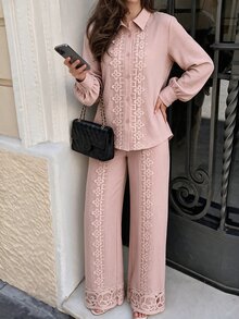 Graceveil Light Pink Collared Long Sleeve Shirt And Wide Leg Pants 2 Pieces Set, Floral Water-Soluble Lace Patchwork Elegant Women's Outfit - Pink - View 6