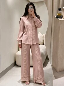 Graceveil Light Pink Collared Long Sleeve Shirt And Wide Leg Pants 2 Pieces Set, Floral Water-Soluble Lace Patchwork Elegant Women's Outfit - Pink - View 5