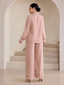 Graceveil Light Pink Collared Long Sleeve Shirt And Wide Leg Pants 2 Pieces Set, Floral Water-Soluble Lace Patchwork Elegant Women's Outfit - Pink - View 3