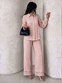 Graceveil Light Pink Collared Long Sleeve Shirt And Wide Leg Pants 2 Pieces Set, Floral Water-Soluble Lace Patchwork Elegant Women's Outfit - Pink - View 9