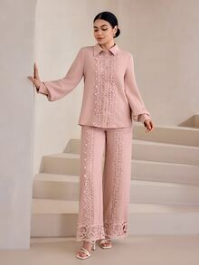 Graceveil Light Pink Collared Long Sleeve Shirt And Wide Leg Pants 2 Pieces Set, Floral Water-Soluble Lace Patchwork Elegant Women's Outfit - Pink - View 11