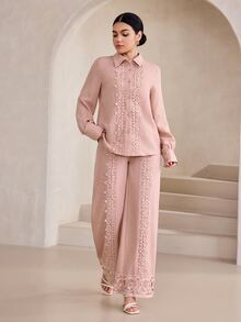 Graceveil Light Pink Collared Long Sleeve Shirt And Wide Leg Pants 2 Pieces Set, Floral Water-Soluble Lace Patchwork Elegant Women's Outfit - Pink - View 10