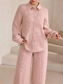 Graceveil Light Pink Collared Long Sleeve Shirt And Wide Leg Pants 2 Pieces Set, Floral Water-Soluble Lace Patchwork Elegant Women's Outfit - Pink - View 2