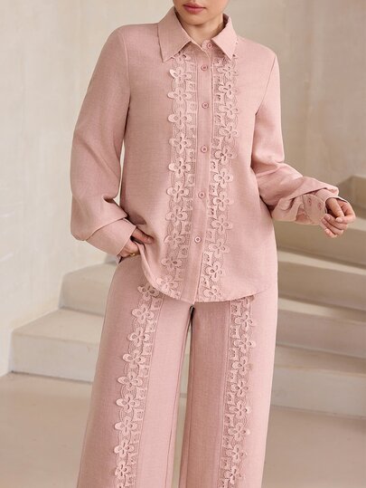 Graceveil Light Pink Collared Long Sleeve Shirt And Wide Leg Pants 2 Pieces Set, Floral Water-Soluble Lace Patchwork Elegant Women's Outfit
