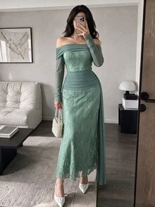 Modelyn Grey-Green Off-Shoulder Bandeau Lace Fitted Maxi Dress With Draped Cowl Neck And Ribbon, Evening Party Gown - Mint Green - View 5