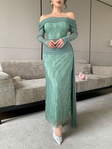 Modelyn Grey-Green Off-Shoulder Bandeau Lace Fitted Maxi Dress With Draped Cowl Neck And Ribbon, Evening Party Gown - Mint Green - View 7