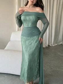 Modelyn Grey-Green Off-Shoulder Bandeau Lace Fitted Maxi Dress With Draped Cowl Neck And Ribbon, Evening Party Gown - Mint Green - View 4