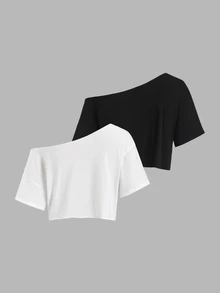 Sweetra 2pcs/Set New Summer Asymmetrical Shoulder Casual Loose Comfortable Commuting Fashionable Versatile Short Sleeve White And T-Shirts - Black and White - View 2