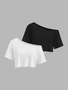 Sweetra 2pcs/Set New Summer Asymmetrical Shoulder Casual Loose Comfortable Commuting Fashionable Versatile Short Sleeve White And T-Shirts - Black and White - View 1