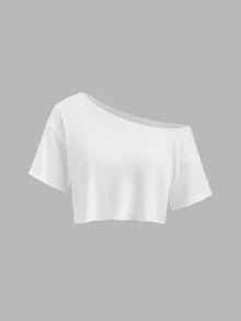 Sweetra 2pcs/Set New Summer Asymmetrical Shoulder Casual Loose Comfortable Commuting Fashionable Versatile Short Sleeve White And T-Shirts - Black and White - View 7