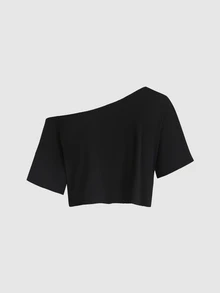Sweetra 2pcs/Set New Summer Asymmetrical Shoulder Casual Loose Comfortable Commuting Fashionable Versatile Short Sleeve White And T-Shirts - Black and White - View 8