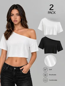 Sweetra 2pcs/Set New Summer Asymmetrical Shoulder Casual Loose Comfortable Commuting Fashionable Versatile Short Sleeve White And T-Shirts - Black and White - View 3