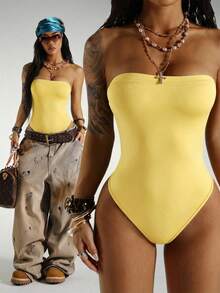 Fiercella Fiercella Streetwear Women's Sleeveless Strapless Bodysuit For Summer - Yellow - View 8