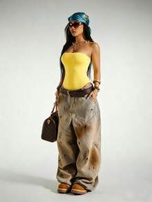 Fiercella Fiercella Streetwear Women's Sleeveless Strapless Bodysuit For Summer - Yellow - View 4
