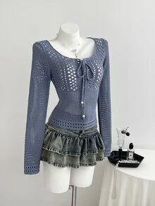 Elamini Women's Solid Color Front Tie Hollow Long Sleeve Fashion Sweater - Blue - View 3