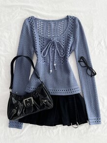 Elamini Women's Solid Color Front Tie Hollow Long Sleeve Fashion Sweater - Blue - View 1