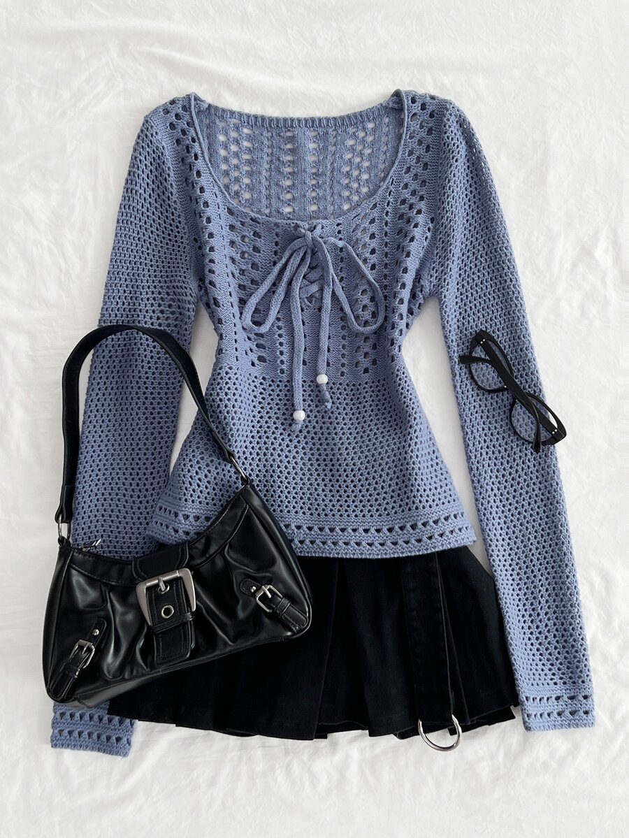 Elamini Women's Solid Color Front Tie Hollow Long Sleeve Fashion Sweater - Blue - View 1