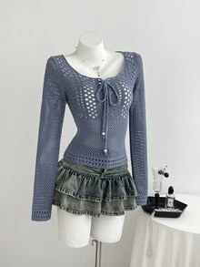 Elamini Women's Solid Color Front Tie Hollow Long Sleeve Fashion Sweater - Blue - View 6