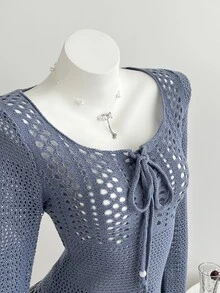 Elamini Women's Solid Color Front Tie Hollow Long Sleeve Fashion Sweater - Blue - View 4