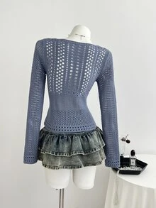 Elamini Women's Solid Color Front Tie Hollow Long Sleeve Fashion Sweater - Blue - View 2