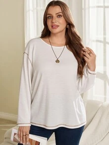 Rosumi Women's Plus Size Solid Color Back Contrast Lace Drop Shoulder Long Sleeve T-Shirt Fall Winter 2026 Clothes Formal Evening White Casual Elegant - White - View 5