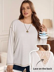 Rosumi Women's Plus Size Solid Color Back Contrast Lace Drop Shoulder Long Sleeve T-Shirt Fall Winter 2026 Clothes Formal Evening White Casual Elegant - White - View 7