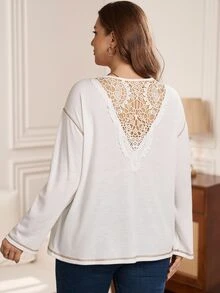 Rosumi Women's Plus Size Solid Color Back Contrast Lace Drop Shoulder Long Sleeve T-Shirt Fall Winter 2026 Clothes Formal Evening White Casual Elegant - White - View 2