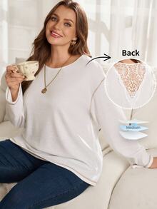 Rosumi Women's Plus Size Solid Color Back Contrast Lace Drop Shoulder Long Sleeve T-Shirt Fall Winter 2026 Clothes Formal Evening White Casual Elegant - White - View 1