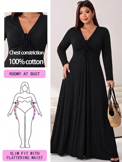Solflare Vestido elegante de talla grande para mujer de unicolor con cuello en V, manga larga y lazo delantero
