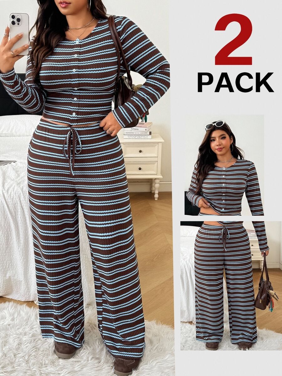 SHEIN EZwear Casual Baggy Cargo Striped Top And Pants Plus Size Women's Set Fall Lounge Homewear Formal - Multicolor - View 1