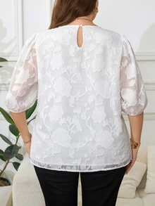 Reflora Plus Size Elegant White Summer Top For Women,Formal Solid Color Cutout Round Neck Loose Office Business Work Blouse,Old Money Style Tops - White - View 3