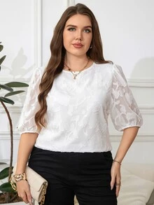 Reflora Plus Size Elegant White Summer Top For Women,Formal Solid Color Cutout Round Neck Loose Office Business Work Blouse,Old Money Style Tops - White - View 2